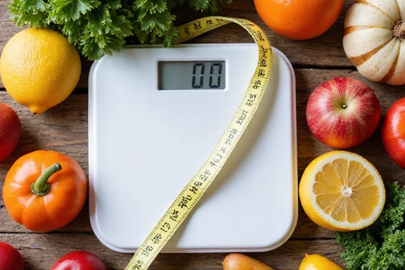 Waage mit gesunden Lebensmitteln und einem Maßband